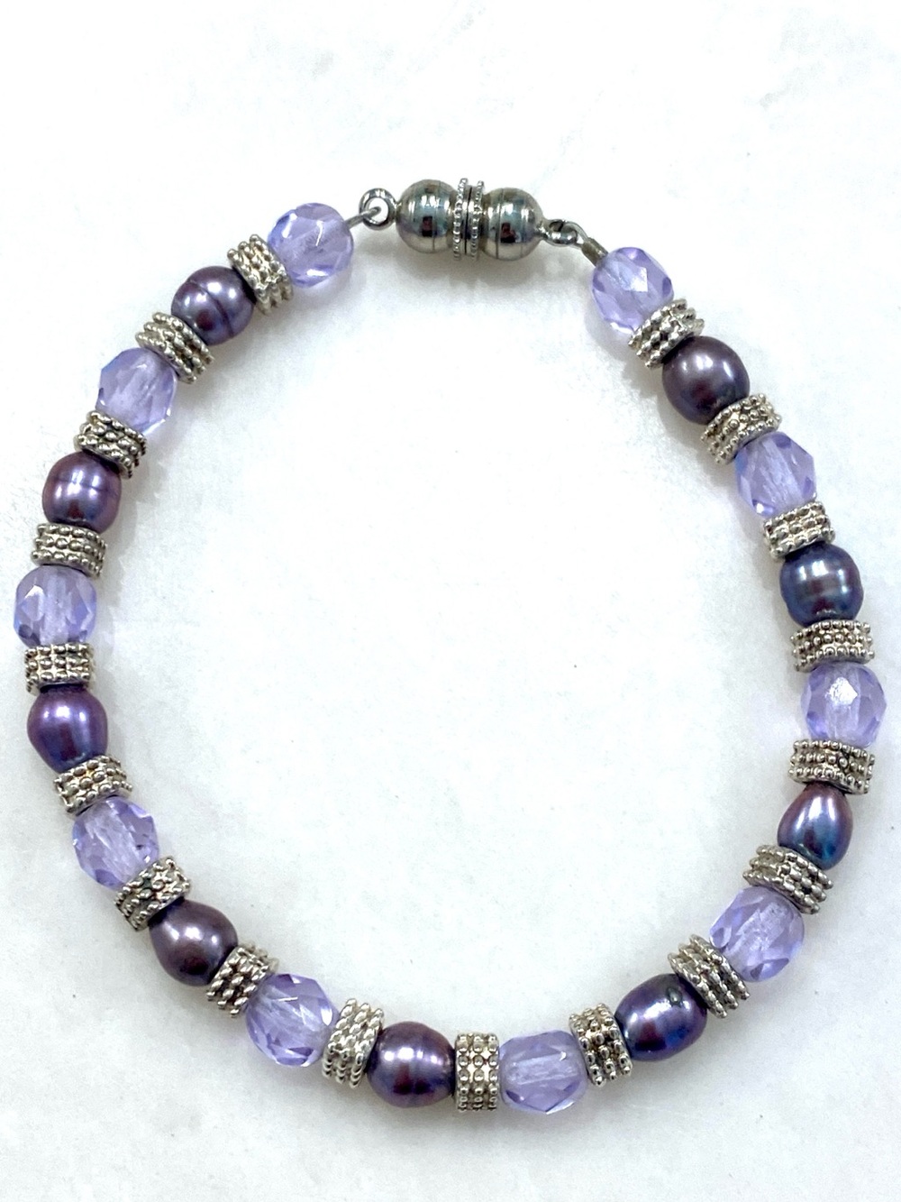 Lavender Pearl & Crystal Beaded Bracelet with Silver Accents